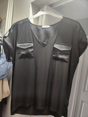 Calvin Klein Black Satin Pocket V-Neck Top